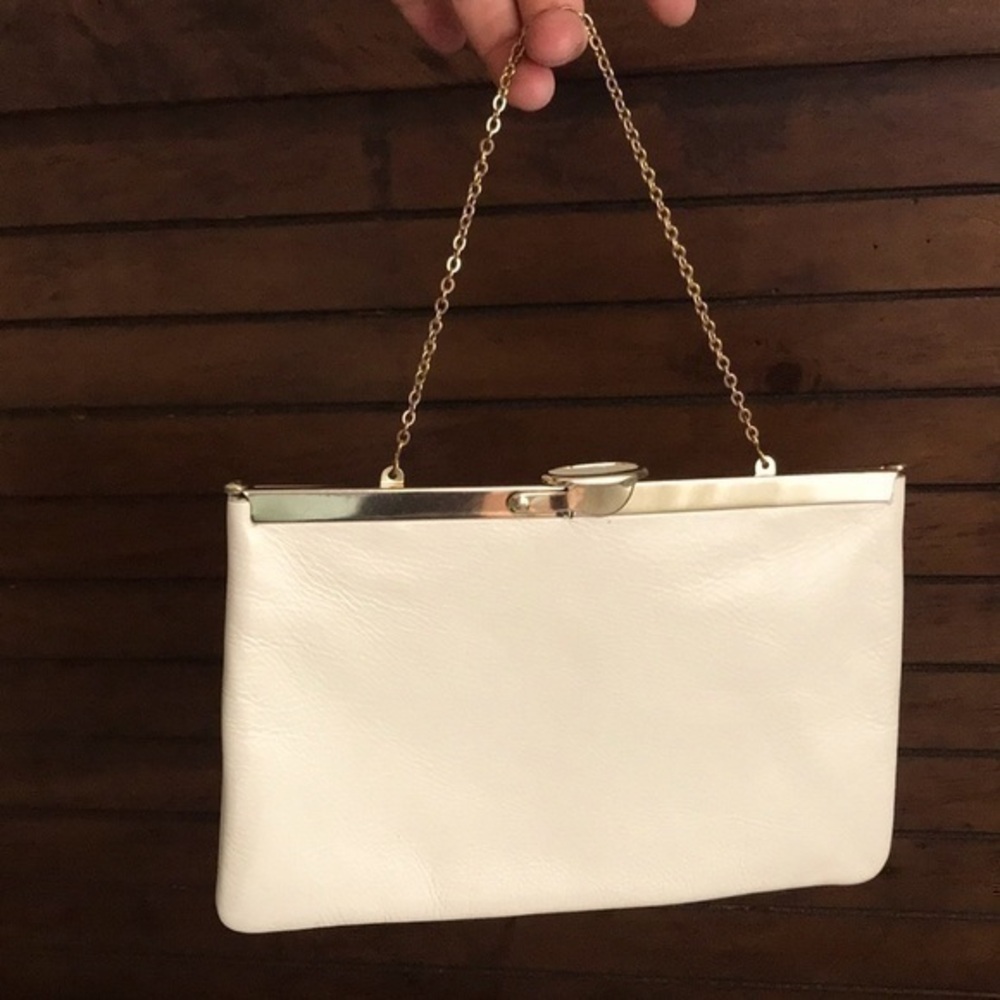 Vintage ETRA Genuine Leather Clutch Purse Bone Color Light Golden Details